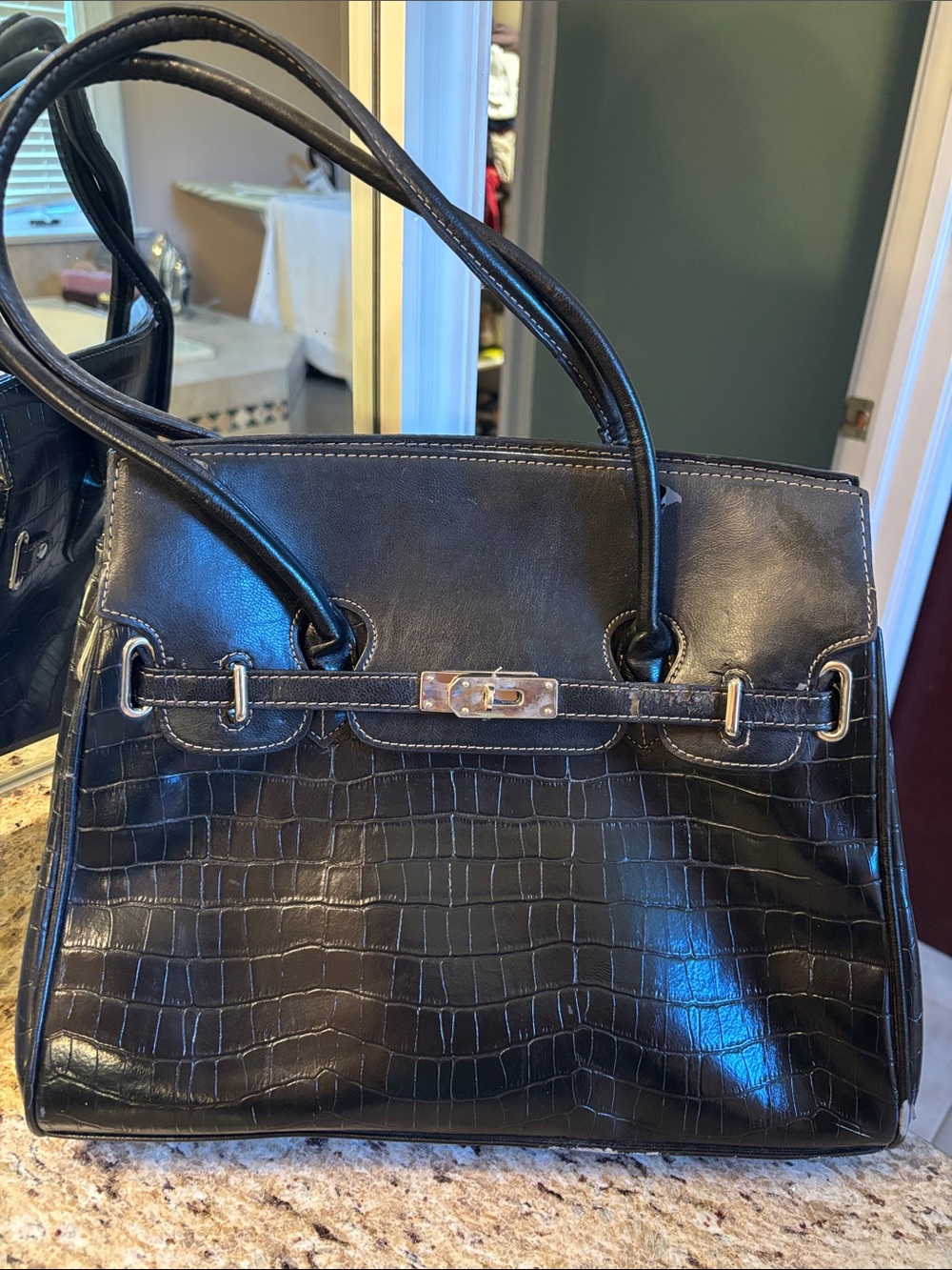 Black Croc-Embossed Top-Handle Women's Satchel